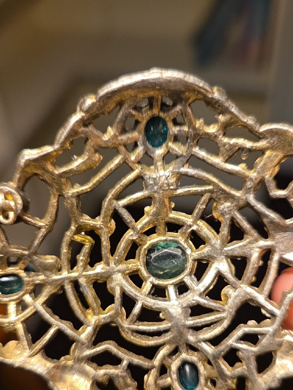 Vintage Czech Brass Filigree Brooch with Teal and Green Stones - Picture 5 of 8